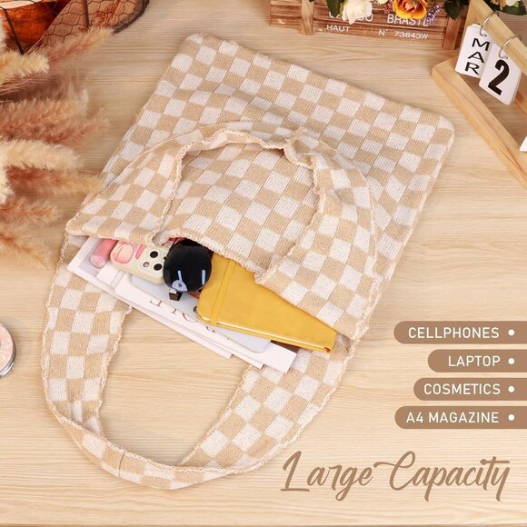 Khaki Checkered Crochet Beach Tote for Women Summer Casual Vintage Stylish Large - Picture 6 of 6